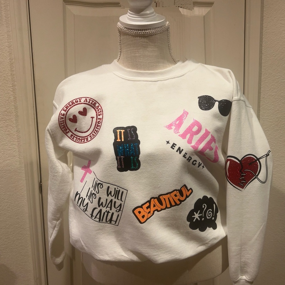 White Graphic Sweatshirt with Colorful Patches
